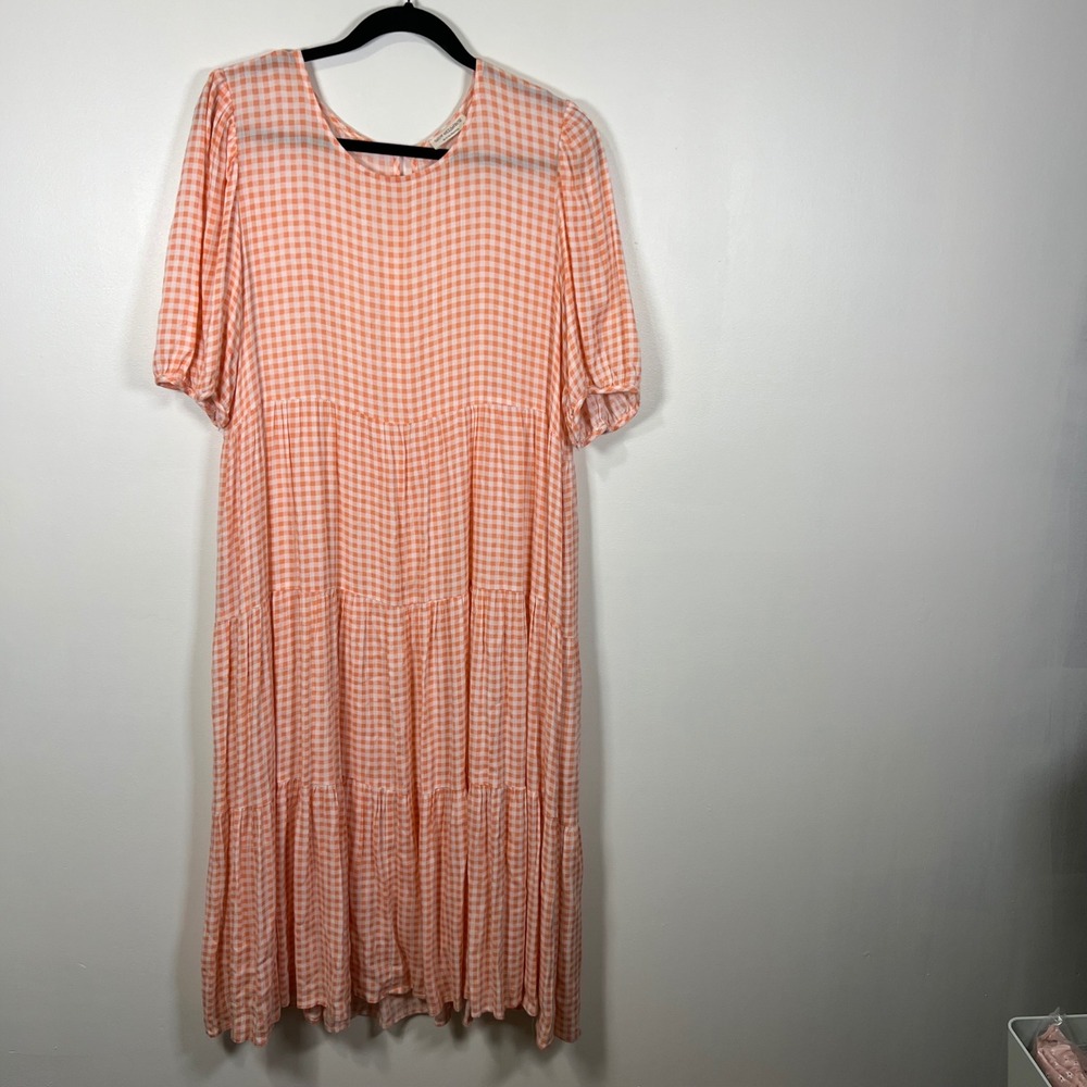 Shop Neighbor Womens Orange Gingham Tiered Midi Dress Puff Sleeve Medium